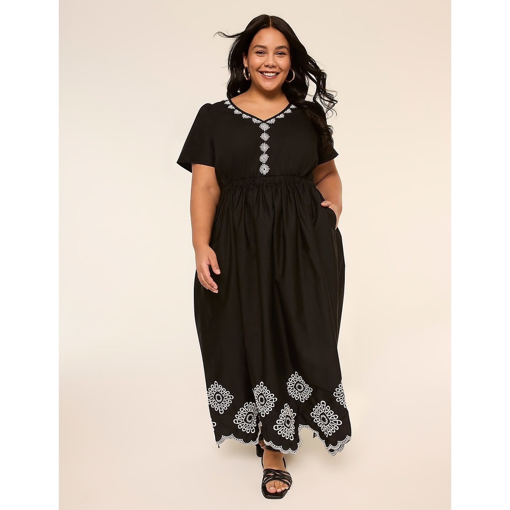 Lane Bryant Maxi Dress Black Embroidered V-Neck Flutter Sleeve Cotton Size 18 1X